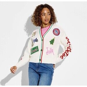 Women's Holiday Patchwork Festive Graphic Cardigan Size Medium RARE